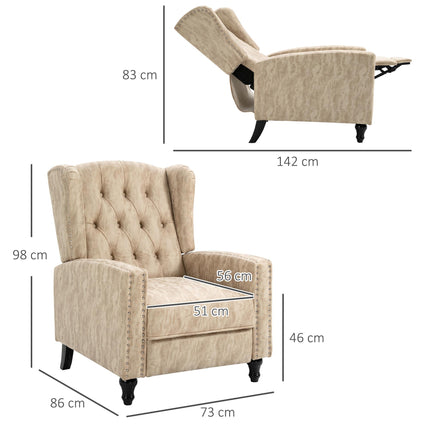 Studded Upholstered Reclining Armchair with Retractable Footrest - Beige