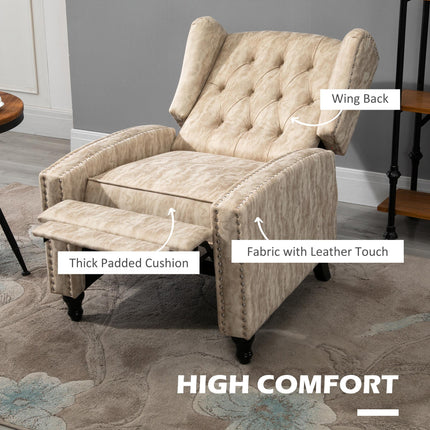 Studded Upholstered Reclining Armchair with Retractable Footrest - Beige