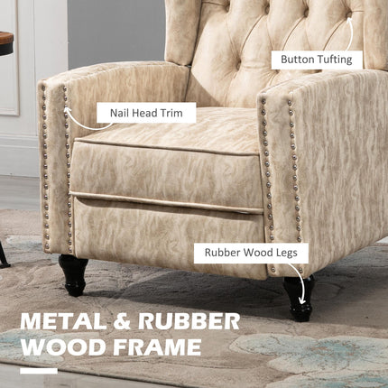 Studded Upholstered Reclining Armchair with Retractable Footrest - Beige