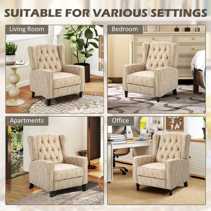 Studded Upholstered Reclining Armchair with Retractable Footrest - Beige