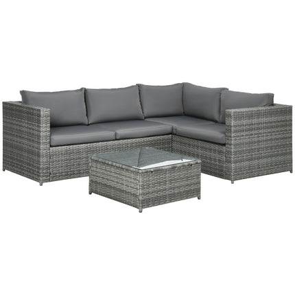 3 Piece Rattan Garden Furniture 4 Seater Outdoor Patio Corner Sofa Set with Coffee Table and Cushions - Grey