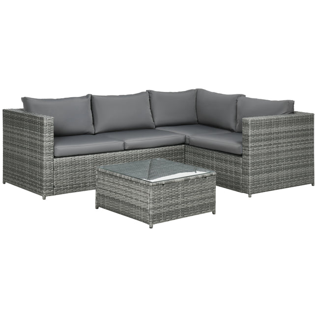 3 Piece Rattan Garden Furniture 4 Seater Outdoor Patio Corner Sofa Set with Coffee Table and Cushions - Grey