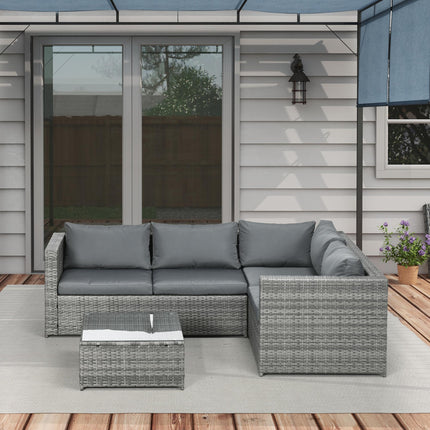 3 Piece Rattan Garden Furniture 4 Seater Outdoor Patio Corner Sofa Set with Coffee Table and Cushions - Grey