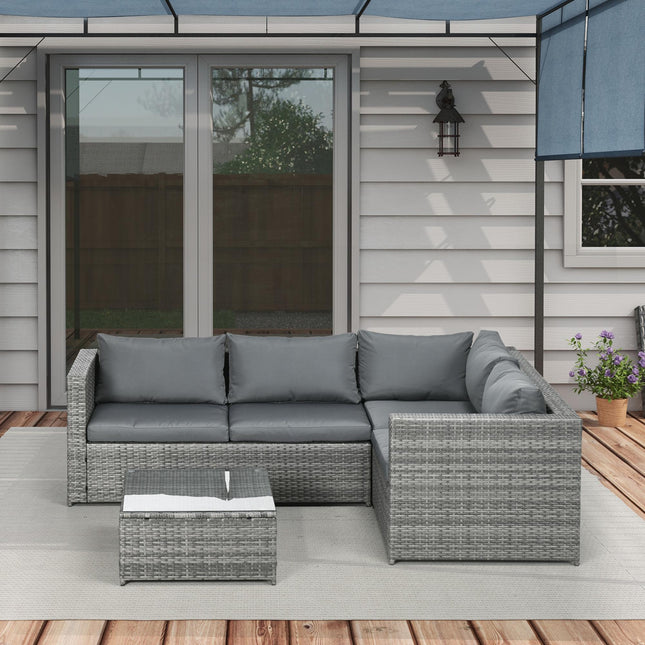3 Piece Rattan Garden Furniture 4 Seater Outdoor Patio Corner Sofa Set with Coffee Table and Cushions - Grey