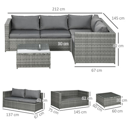 3 Piece Rattan Garden Furniture 4 Seater Outdoor Patio Corner Sofa Set with Coffee Table and Cushions - Grey