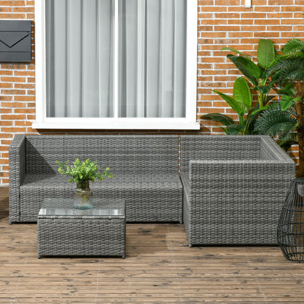 3 Piece Rattan Garden Furniture 4 Seater Outdoor Patio Corner Sofa Set with Coffee Table and Cushions - Grey