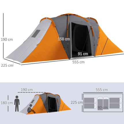 Large 4-6 Man Camping Tent with 2 Bedrooms and Living Area - Orange