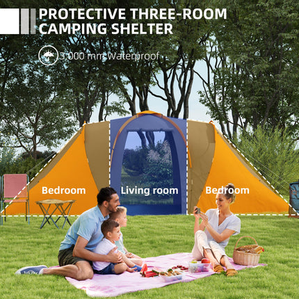 Large 4-6 Man Camping Tent with 2 Bedrooms and Living Area - Orange