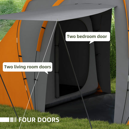 Large 4-6 Man Camping Tent with 2 Bedrooms and Living Area - Orange