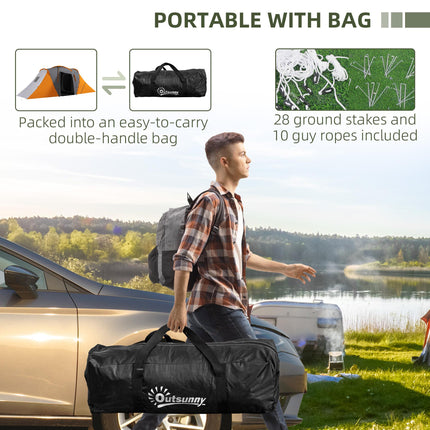 Large 4-6 Man Camping Tent with 2 Bedrooms and Living Area - Orange