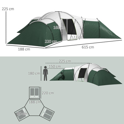 6-9 Man Camping Tent with 3 Bedrooms, Porch & Water Resistant - Green