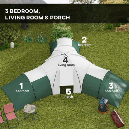 6-9 Man Camping Tent with 3 Bedrooms, Porch & Water Resistant - Green
