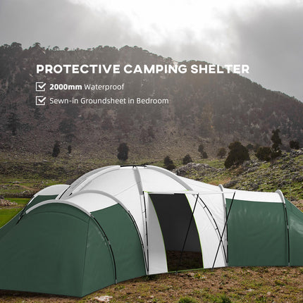 6-9 Man Camping Tent with 3 Bedrooms, Porch & Water Resistant - Green