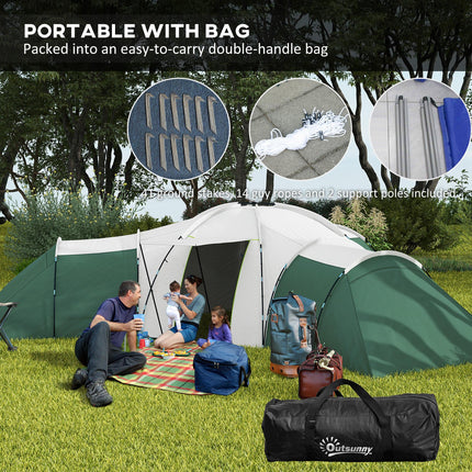 6-9 Man Camping Tent with 3 Bedrooms, Porch & Water Resistant - Green