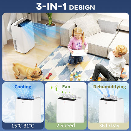 12,000 BTU Mobile Air Conditioner with Dehumidifier and Fan, Grade A Rated - White