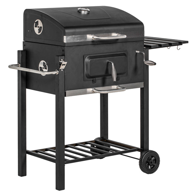 Charcoal Grill with Height-Adjustable Coal Pan and Thermometer - Black