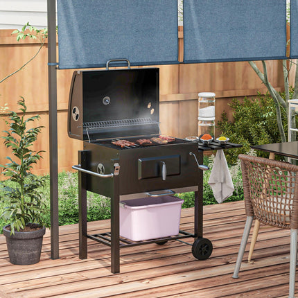 Charcoal Grill with Height-Adjustable Coal Pan and Thermometer - Black