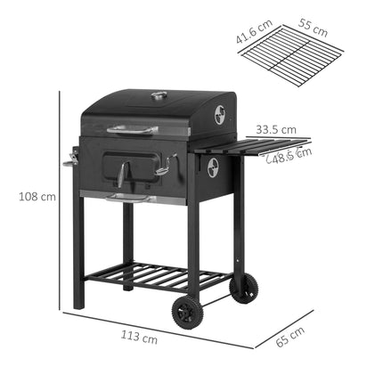 Charcoal Grill with Height-Adjustable Coal Pan and Thermometer - Black