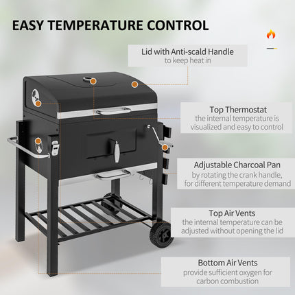 Charcoal Grill with Height-Adjustable Coal Pan and Thermometer - Black
