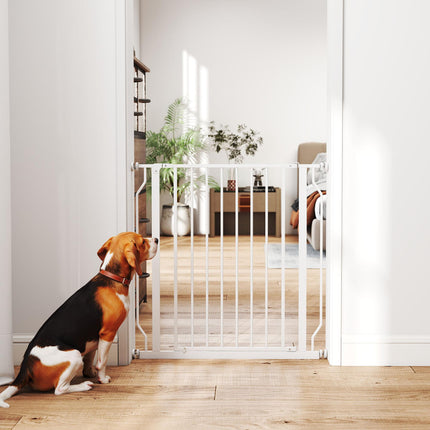 Extra Wide Adjustable Dog Safety Gate with Door for Doorways, Hallways, Staircases - White