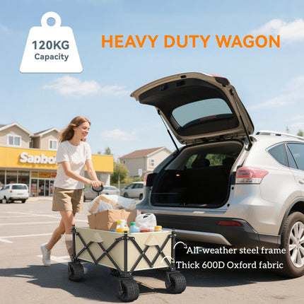 Folding Garden Trolley Wagon Cart 120KG Capacity with Carry Bag for Beach Camping Festival - Khaki