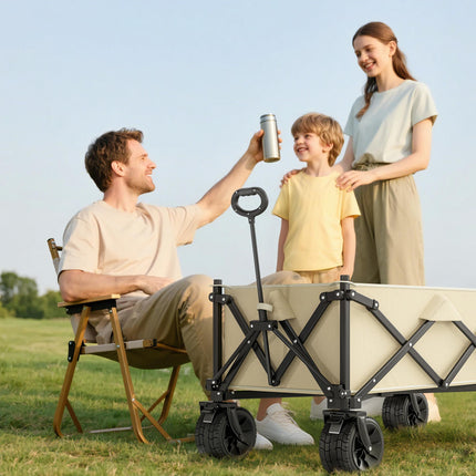 Folding Garden Trolley Wagon Cart 120KG Capacity with Carry Bag for Beach Camping Festival - Khaki