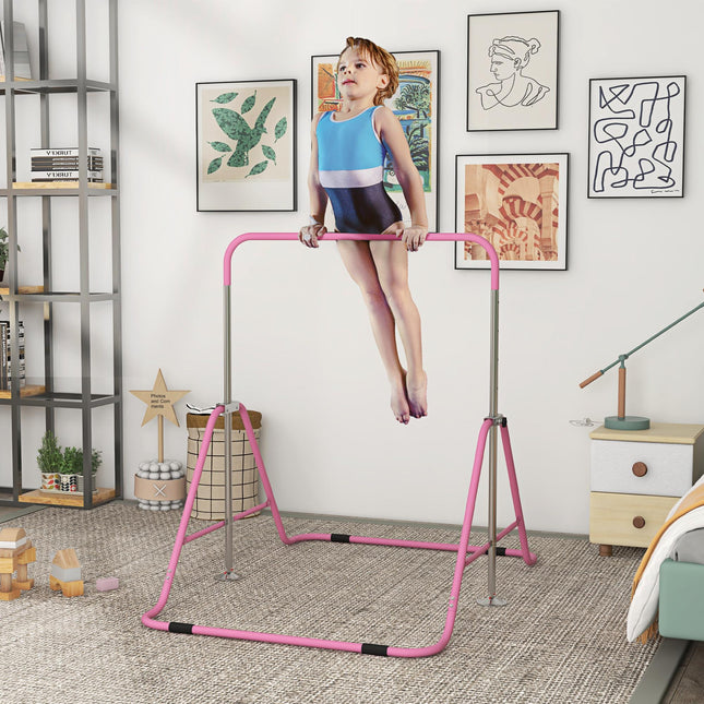 Adjustable Foldable Kids Gymnastic Bar with Horizontal Bars - Pink
