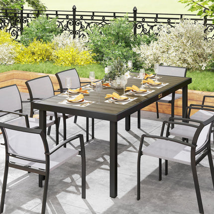 Aluminium Outdoor Garden Dining Table for 8 People, Faux Wood Top, for Garden, Patio, 190 x 90 x 74cm, Brown