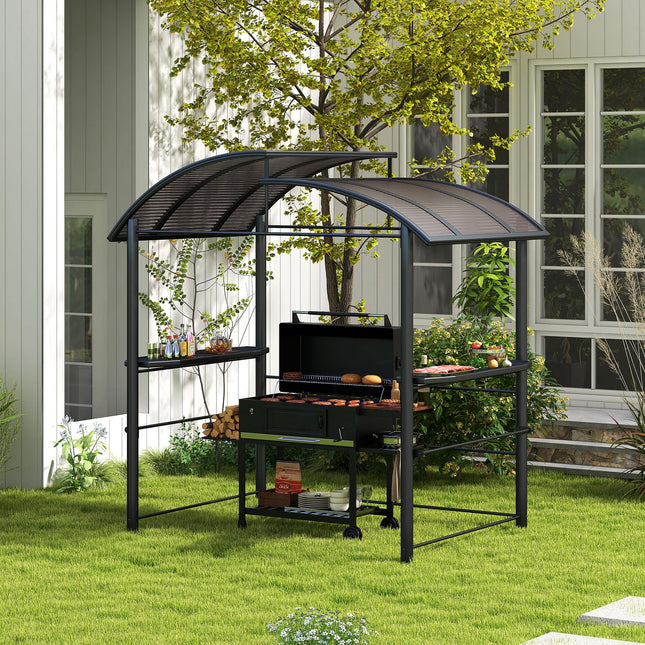2.4 x 1.5m Outdoor Grill Gazebo with PC Roof & Side Shelves - Dark Grey