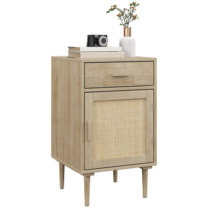 Rattan Bedside Table with Drawer, Cabinet & Adjustable Shelf - Natural Wood Effect