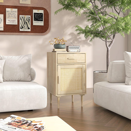Rattan Bedside Table with Drawer, Cabinet & Adjustable Shelf - Natural Wood Effect