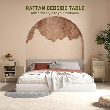 Rattan Bedside Table with Drawer, Cabinet & Adjustable Shelf - Natural Wood Effect
