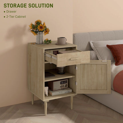 Rattan Bedside Table with Drawer, Cabinet & Adjustable Shelf - Natural Wood Effect