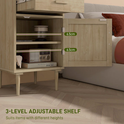 Rattan Bedside Table with Drawer, Cabinet & Adjustable Shelf - Natural Wood Effect