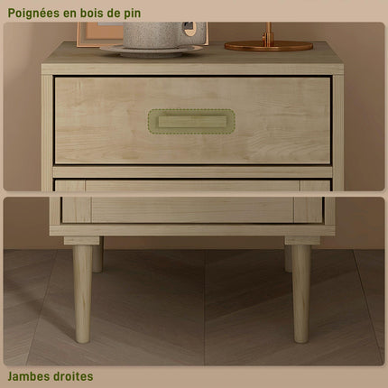 Rattan Bedside Table with Drawer, Cabinet & Adjustable Shelf - Natural Wood Effect
