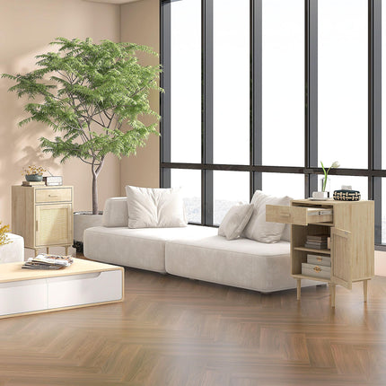 Rattan Bedside Table with Drawer, Cabinet & Adjustable Shelf - Natural Wood Effect
