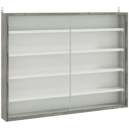 5-Tier Wall Display Shelf Cabinet with 4 Adjustable Shelves and Glass Doors 60x80cm - Grey Wood Grain