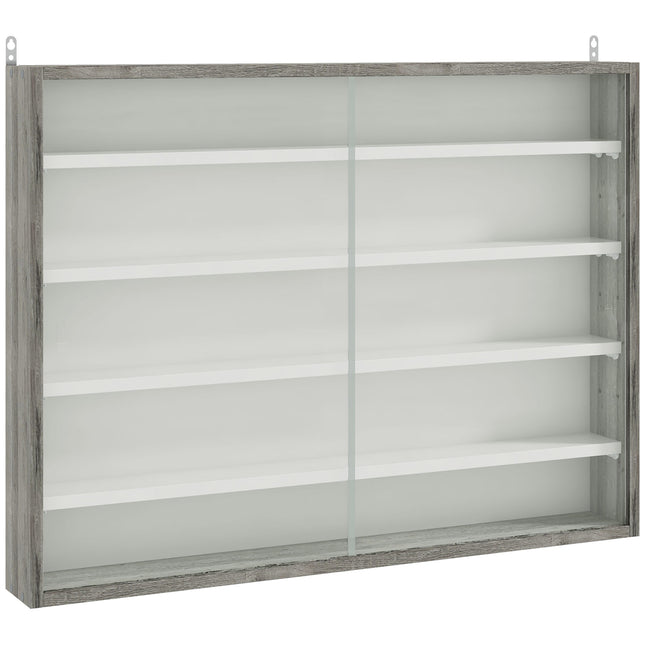 5-Tier Wall Display Shelf Cabinet with 4 Adjustable Shelves and Glass Doors 60x80cm - Grey Wood Grain