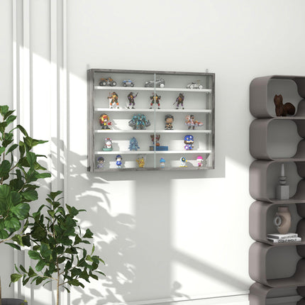5-Tier Wall Display Shelf Cabinet with 4 Adjustable Shelves and Glass Doors 60x80cm - Grey Wood Grain