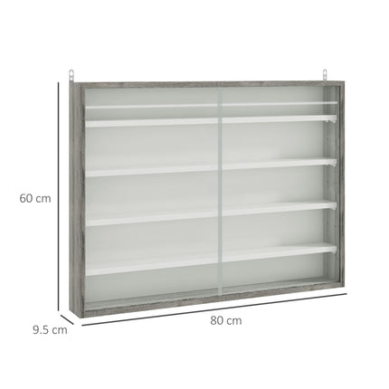 5-Tier Wall Display Shelf Cabinet with 4 Adjustable Shelves and Glass Doors 60x80cm - Grey Wood Grain