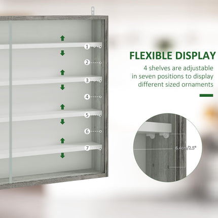 5-Tier Wall Display Shelf Cabinet with 4 Adjustable Shelves and Glass Doors 60x80cm - Grey Wood Grain
