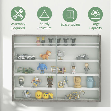 5-Tier Wall Display Shelf Cabinet with 4 Adjustable Shelves and Glass Doors 60x80cm - Grey Wood Grain