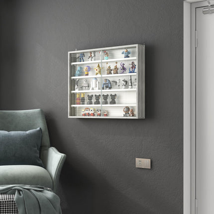 5-Tier Wall Display Shelf Cabinet with 4 Adjustable Shelves and Glass Doors 60x80cm - Grey Wood Grain