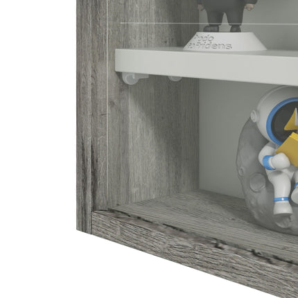 5-Tier Wall Display Shelf Cabinet with 4 Adjustable Shelves and Glass Doors 60x80cm - Grey Wood Grain