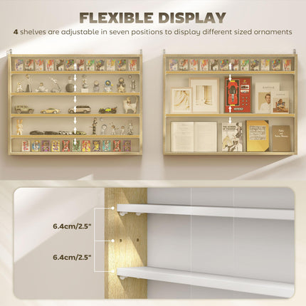 5-Tier Wall Display Shelf Unit with 4 Adjustable Shelves and Glass Doors 60x80cm - Natural