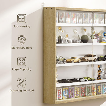 5-Tier Wall Display Shelf Unit with 4 Adjustable Shelves and Glass Doors 60x80cm - Natural