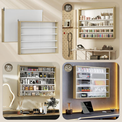 5-Tier Wall Display Shelf Unit with 4 Adjustable Shelves and Glass Doors 60x80cm - Natural