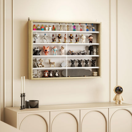 5-Tier Wall Display Shelf Unit with 4 Adjustable Shelves and Glass Doors 60x80cm - Natural