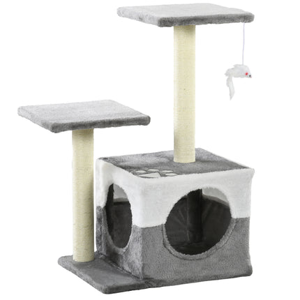 Cat Tree with Sisal Scratching Posts, House, Perches & Toy Mouse - Grey