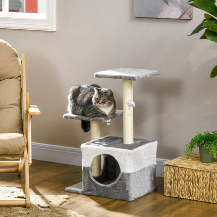 Cat Tree with Sisal Scratching Posts, House, Perches & Toy Mouse - Grey